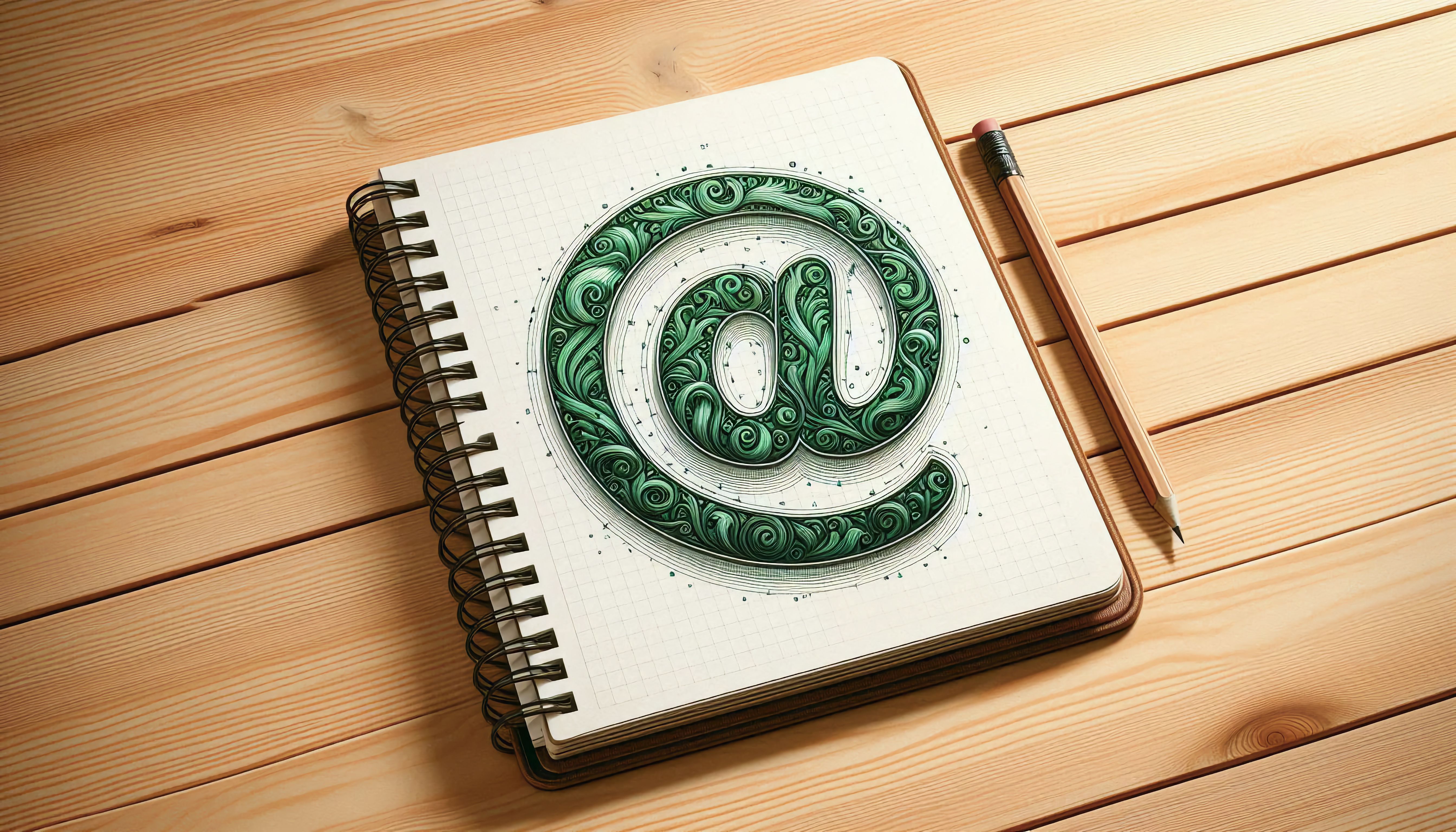 An open ring notebook on a wooden desk top, the opened page contains a green drawing of an "@" sign. Left of the notebook lies a pencil.